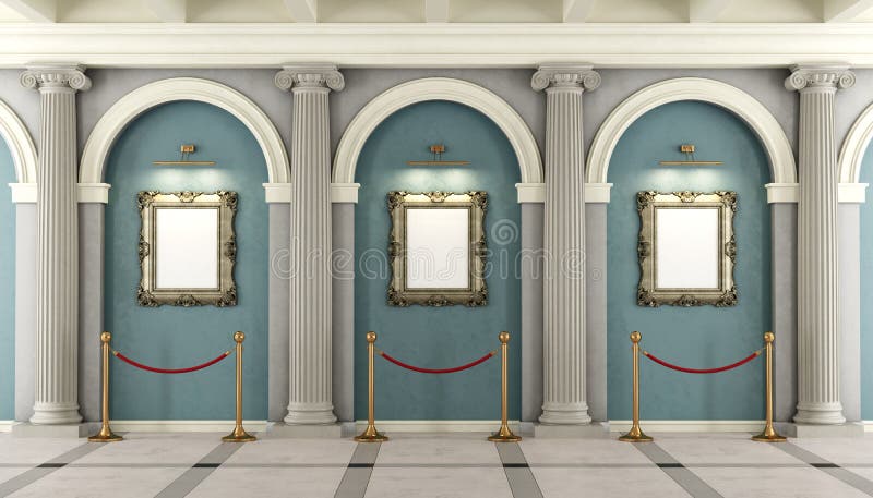 Classic museum with with colonnade and golden frame on wall - 3D rendering. Classic museum with with colonnade and golden frame on wall - 3D rendering