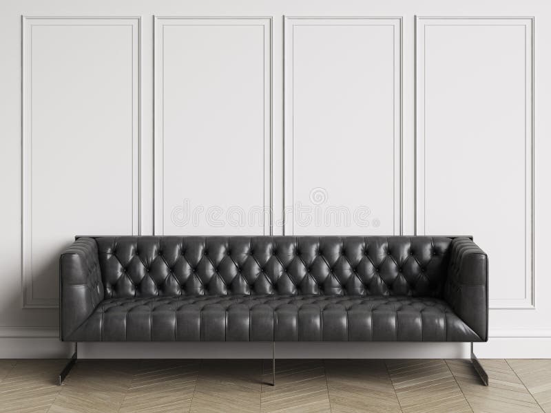 Klassieke doorgenaaide bank in zwart leer in klassiek binnenland met exemplaarruimte royalty-vrije illustratie Klassieke doorgenaaide bank in zwart leer in klassiek binnenland met exemplaarruimte royalty-vrije illustratie