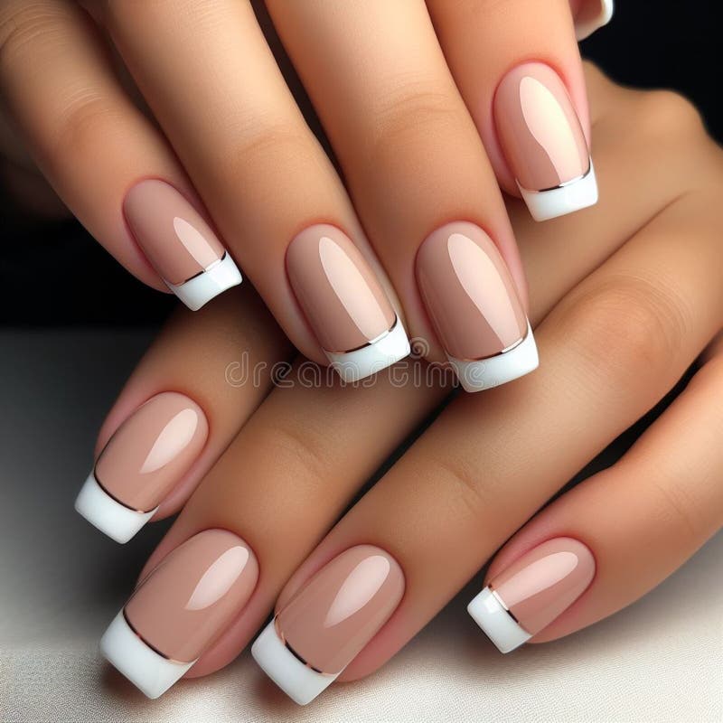 French manicure with impeccably polished nails boasting crisp white tips against a natural pink base. French manicure with impeccably polished nails boasting crisp white tips against a natural pink base.
