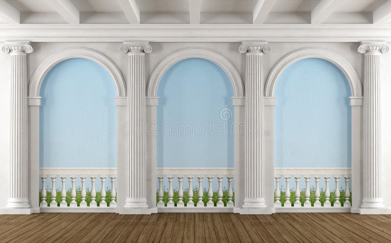 Classic room with colonnade and balustrade painted on the wall - 3D Rendering. Classic room with colonnade and balustrade painted on the wall - 3D Rendering