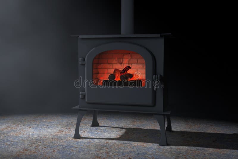 Klassieke ? pen Home Fireplace Stove with Chimney Pipe and Firewood Burning with Red Hot Flame in Volumetric Light 3d renderen royalty-vrije illustratie Klassieke ? pen Home Fireplace Stove with Chimney Pipe and Firewood Burning with Red Hot Flame in Volumetric Light 3d renderen royalty-vrije illustratie