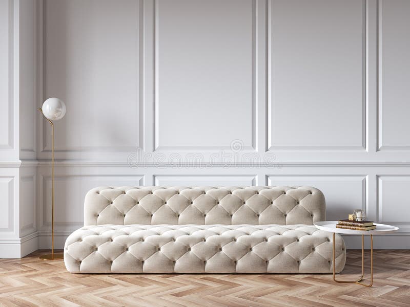 Klassisch weißes Interieur mit Kapitonchester-Sofa, Stuck, Parkettboden, Stehlampe