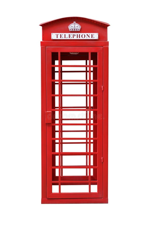 Classic British Red Phone Booth isolated on white with clipping path, Front View. Classic British Red Phone Booth isolated on white with clipping path, Front View
