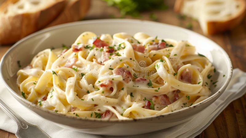 Klassische cremige Carbonara mit fettuccinen Eigelb pecorino romano und knusprige pancetta stock abbildung