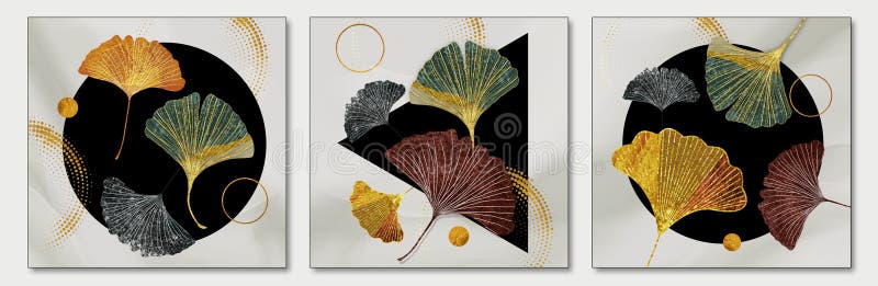 Klassische Wandkunst. Ginkgo-Bloba, goldene Blätter und heller Hintergrund. Gemäldekunst lizenzfreie abbildung