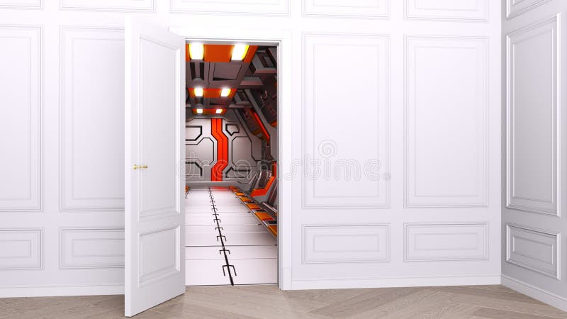 Klassischer heller Innenraum Im offenen Eingang können Sie den futuristischen Sciencefictionsinnenraum des Raumfahrzeugs sehen Ko vektor abbildung Klassischer heller Innenraum Im offenen Eingang können Sie den futuristischen Sciencefictionsinnenraum des Raumfahrzeugs sehen Ko vektor abbildung