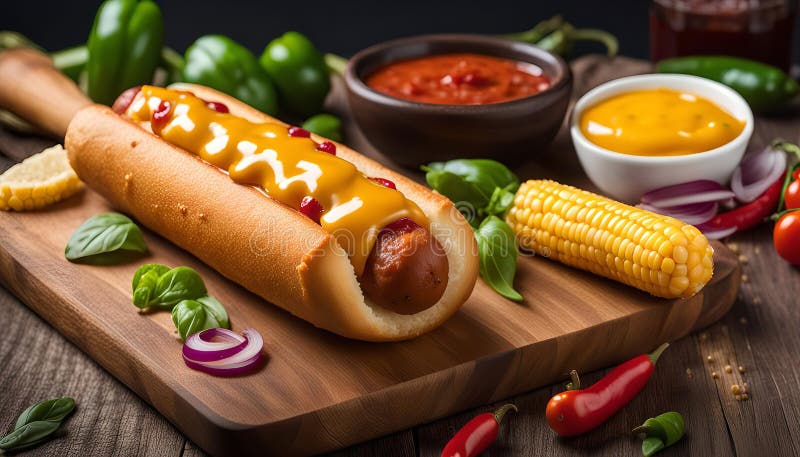 Klassischer Hot Dog mit Senf Ketchup und Relish stock abbildung
