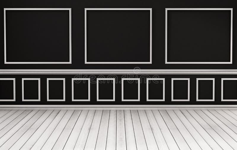 Klassischer Innen-, weißer Holzfußboden und schwarze Wand, 3d übertragen vektor abbildung