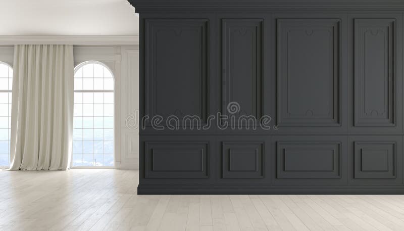 Klassischer leerer Innenraum mit schwarzer Wand, Holzfußboden, Fenster und Vorhang 3d übertragen Abbildung vektor abbildung