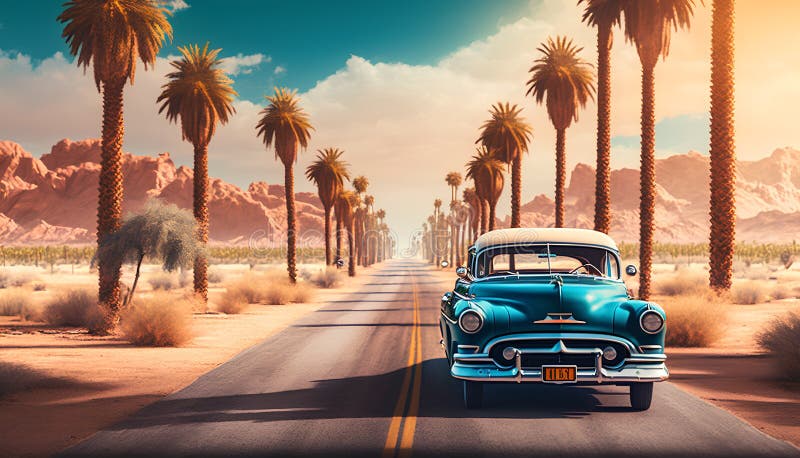 Klassisches amerikanisches Auto auf einer Straße in der Wüste 3D Rendering vektor abbildung