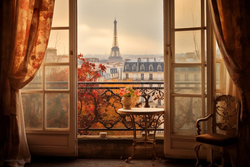 Klassisches französisches Vintage Apartment Fenster mit Blick auf Paris und Eiffelturm im Herbst lizenzfreie abbildung