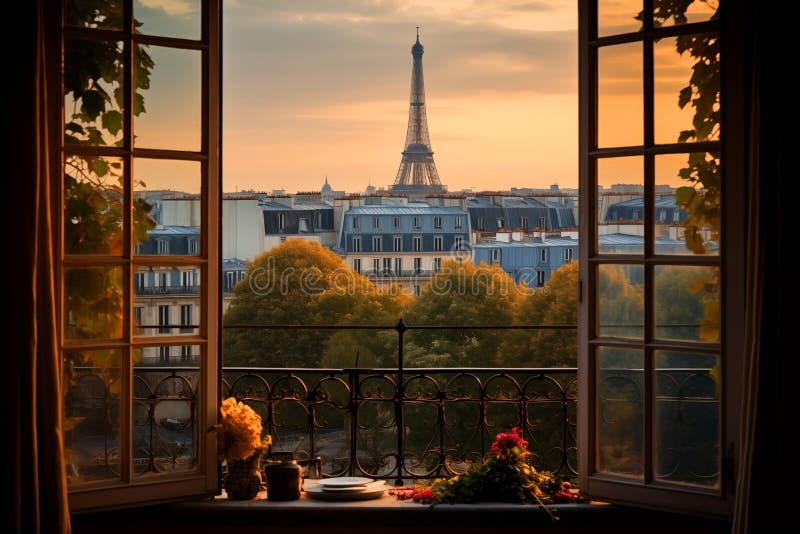 Klassisches französisches Vintage Apartment Fenster mit Blick auf Paris und Eiffelturm im Herbst lizenzfreie abbildung