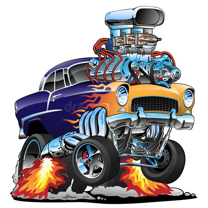 Klassisches Muskelauto des beheizten Stabes, Flammen, große Maschine, Karikaturvektorillustration