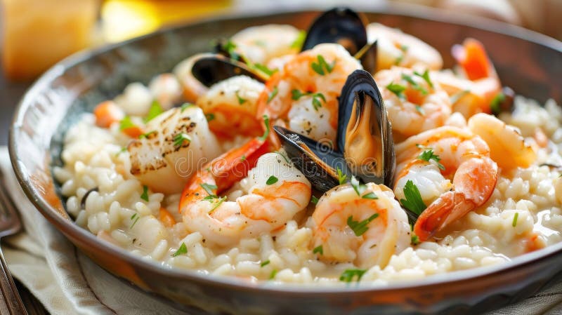 Klassisches Risotto ai frutti di mare : Cremes Risotto mit Garnelenmuscheln und Kalmare mit Weißwein und lizenzfreie abbildung