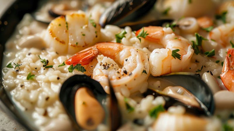 Klassisches Risotto ai frutti di mare : Cremes Risotto mit Garnelenmuscheln und Kalmare mit Weißwein und stock abbildung
