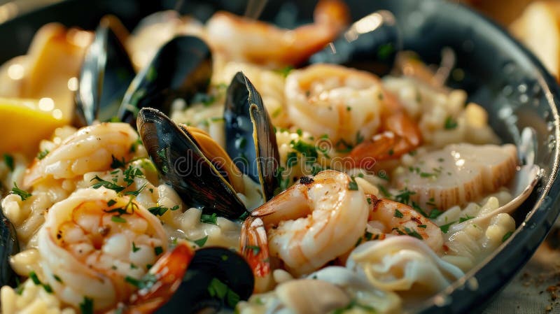Klassisches Risotto ai frutti di mare : Cremes Risotto mit Garnelenmuscheln und Kalmare mit Weißwein und stock abbildung