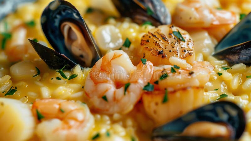 Klassisches Risotto ai frutti di mare : Cremes Risotto mit Garnelenmuscheln und Kalmare mit Weißwein und lizenzfreie abbildung