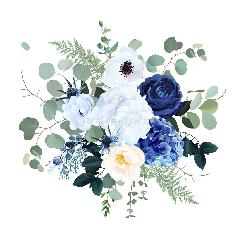 Klassisk blå rosenvit hydrangea ranunculus anemone thistle blommor emerald greenery stock illustrationer
