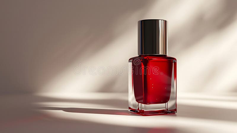 Klassisk röd nagelflaska (polsk flaska) i Elegant glasförpackning. Shiny-nagelpolflaska i en klassisk röd nyans som är innesluten i eleganta glasförpackningar. Den rena högupplösta produktuppsättningen visas på en vit yta som är perfekt för skönhet och kosmetisk reklam.