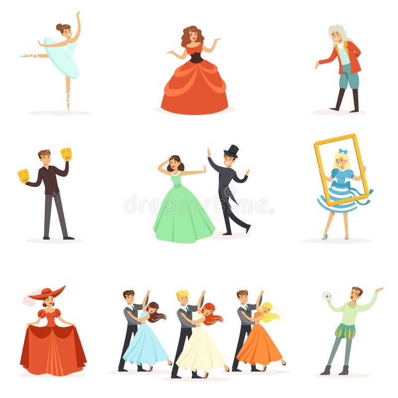 Klassisk teater och konstnärlig serie för sceniska kapaciteter av illustrationer med opera-, balett- och dramaaktörer på vektor illustrationer Klassisk teater och konstnärlig serie för sceniska kapaciteter av illustrationer med opera-, balett- och dramaaktörer på vektor illustrationer