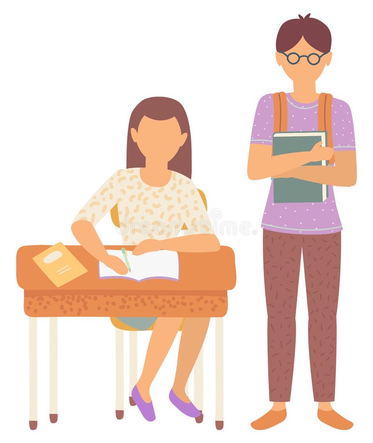 Klasskamrater i skolflicka efter skrivbord med bok vektor illustrationer