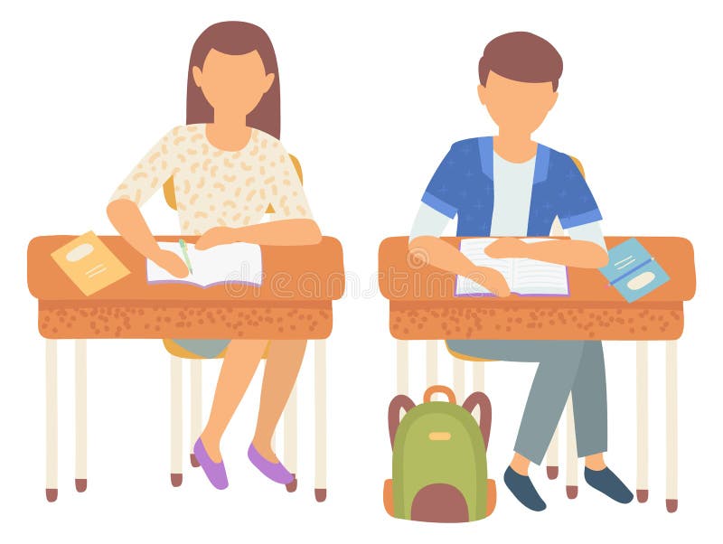 Klasskamrater som skriver komposition i anteckningsboksskola royaltyfri illustrationer