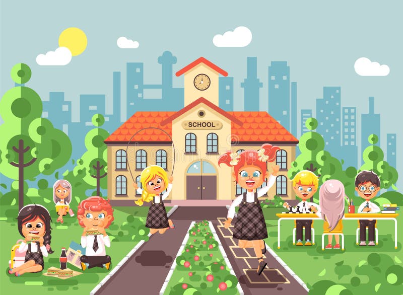 Klasskompisar för lärlingar för elever för skolflicka för skolpojke för tecken för vektorillustrationbarn på schoolyarden spelar stock illustrationer