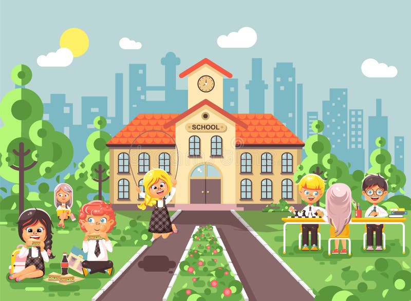 Klasskompisar för lärlingar för elever för skolflicka för skolpojke för tecken för vektorillustrationbarn på schoolyarden spelar royaltyfri illustrationer