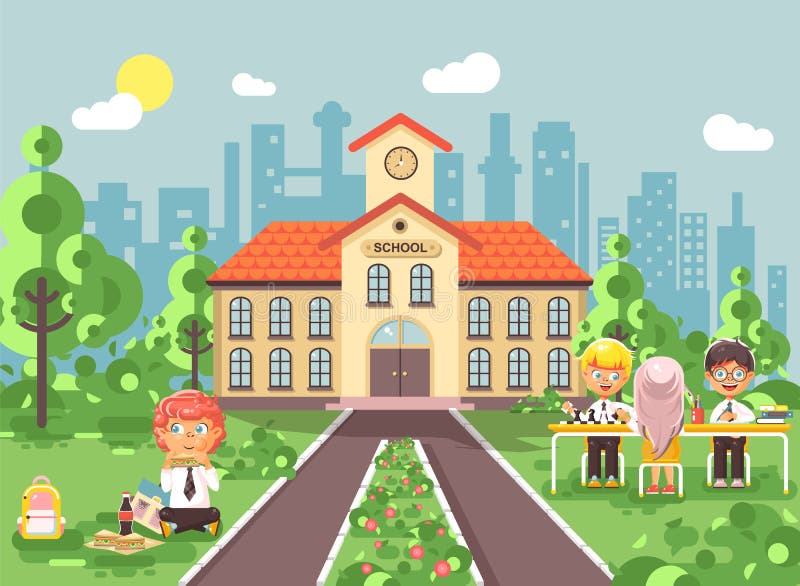 Klasskompisar för lärlingar för elever för skolflicka för skolpojke för tecken för vektorillustrationbarn på schoolyarden spelar vektor illustrationer