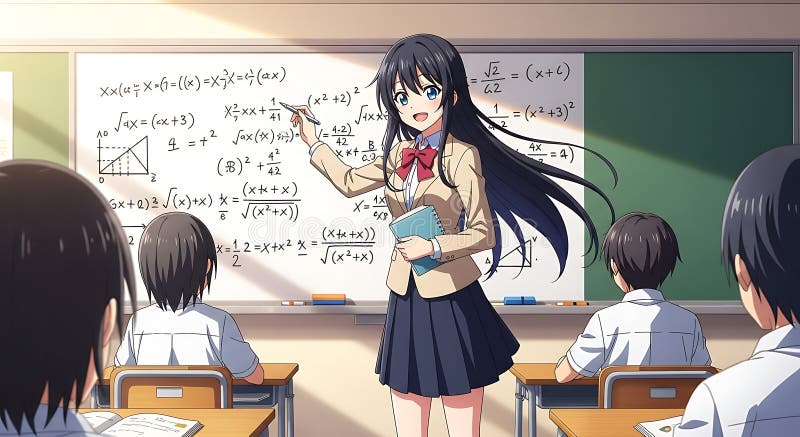 Klassrumsscenen Animestyle med en ung kvinnlig lärare med långt mörkt hår vektor illustrationer