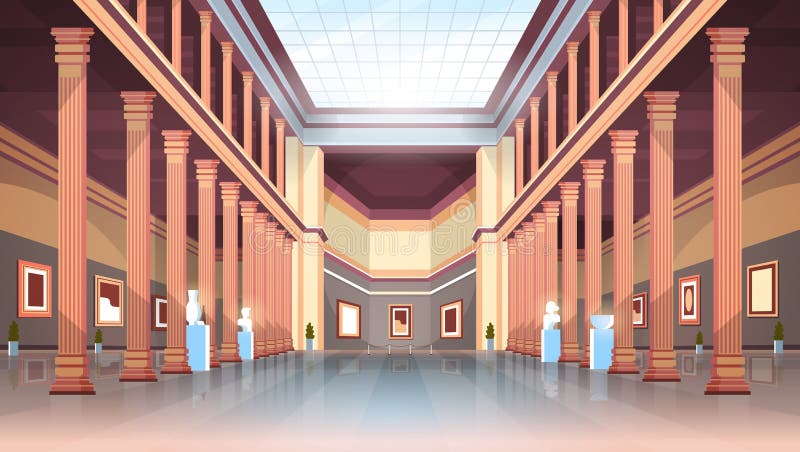 Klasyczna historyczna muzealna galeria sztuki sala z kolumnami, szklanego sufitu wewnętrznymi antycznymi eksponatami i rzeźbami royalty ilustracja Klasyczna historyczna muzealna galeria sztuki sala z kolumnami, szklanego sufitu wewnętrznymi antycznymi eksponatami i rzeźbami royalty ilustracja
