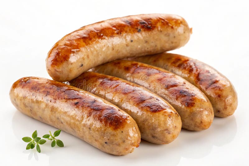 Klasyczne kiełbasy wieprzowe z teksturą Golden Brown apetyzującą i izolowane na białym ilustracji