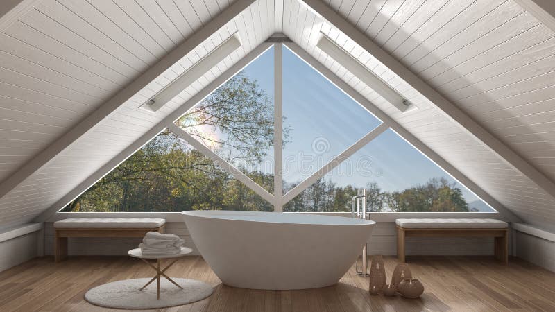 Klasyczny mezoninu loft z dużym panoramicznym okno, zdrój łazienka, obrazy stock Klasyczny mezoninu loft z dużym panoramicznym okno, zdrój łazienka, obrazy stock