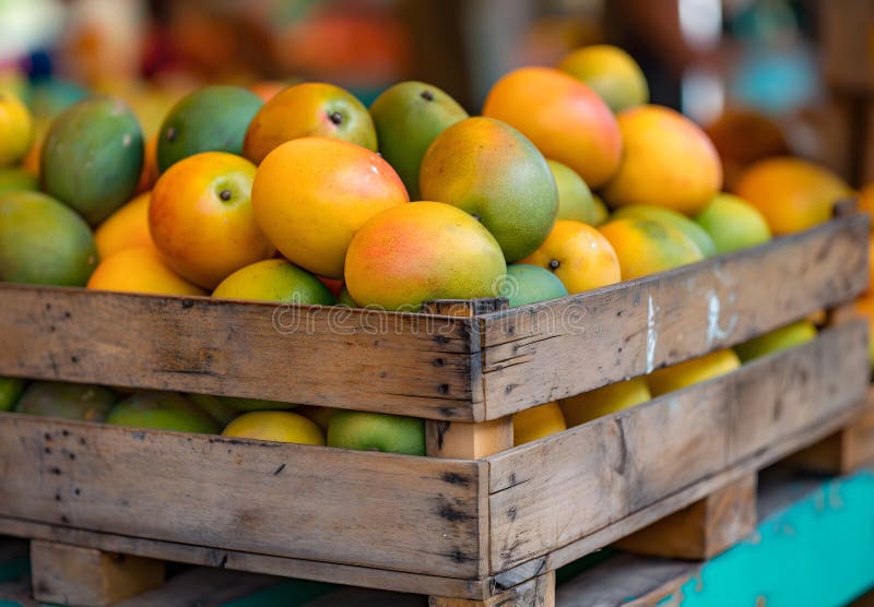 Klatka dojrzałych mango na lokalnym rynku idealnym do zilustrowania zdrowej żywności ekologicznej, zdrowego stylu życia, produktów. Klatka z dojrzałymi mango na lokalnym rynku idealnym do zilustrowania zdrowej żywności ekologicznej w stylu życia produktów tropikalnych lub promowania przyjaznych dla środowiska produktów naturalnych w diecie wegetariańskiej lub wegańskiej
