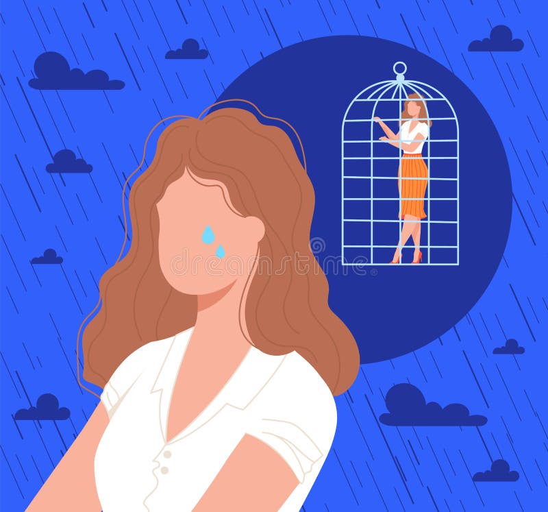 Cage in woman head, psychology vector illustration. Cartoon flat lonely sad frustrated female character crying, feeling anxiety disorder stress due to caged subconscious, need psychological therapy. Cage in woman head, psychology vector illustration. Cartoon flat lonely sad frustrated female character crying, feeling anxiety disorder stress due to caged subconscious, need psychological therapy