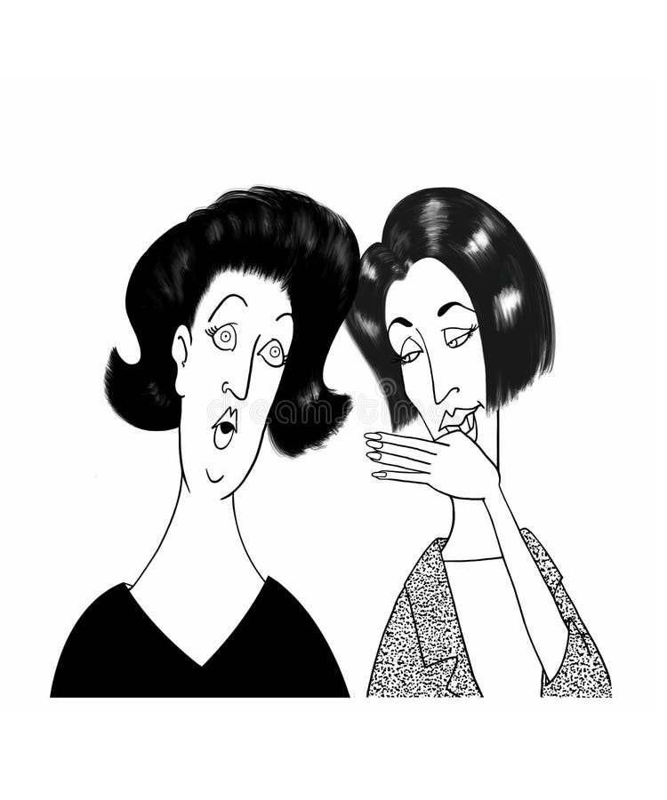 Cartoon illustration of woman reacting in shock to a piece of gossip. Cartoon illustration of woman reacting in shock to a piece of gossip