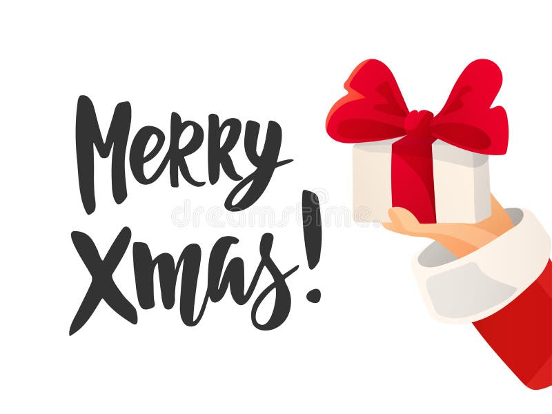 Klaus santa för frost för påsekortjul sky Glad Xmas-text Santa Claus handinnehav som är närvarande med pilbågen vektor illustrationer