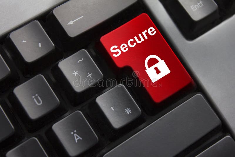 Dark grey keyboard red enter button secure lock symbol. Dark grey keyboard red enter button secure lock symbol