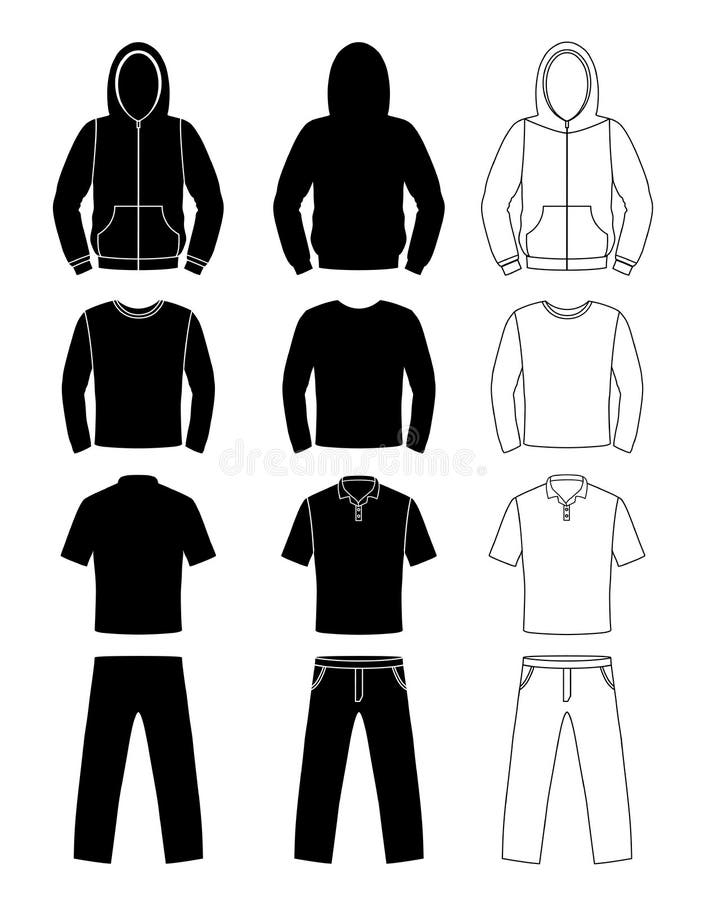 Kledende silhouetten, hoodie, t-shirt en Lange koker, broek royalty-vrije illustratie Kledende silhouetten, hoodie, t-shirt en Lange koker, broek royalty-vrije illustratie