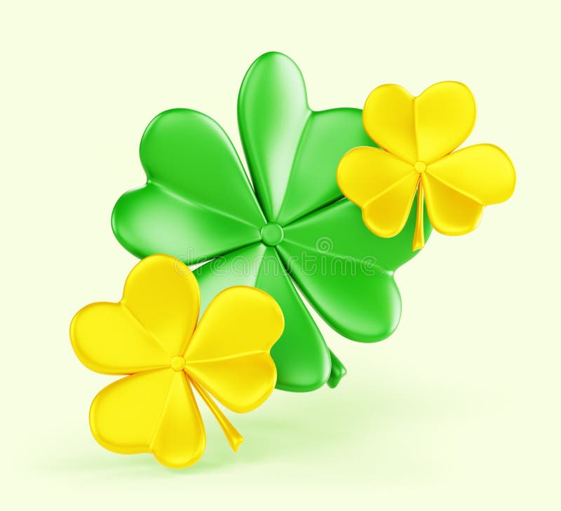 Kleeblatt-Shamrock-3d-Renderingsymbol. Irisches Muster mit dem Symbol des Patrick Day aus grün und goldgelb. drei Vier-Glücksgras stock abbildung