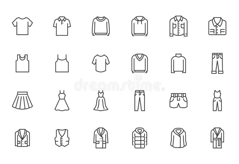 Kleidungslinie Ikonensatz. Kleiderpolot-shirt Jeanswintermantel-Jackenhosen Mindestvergütung Vektorillustrationen Gefühl entwickel lizenzfreie abbildung