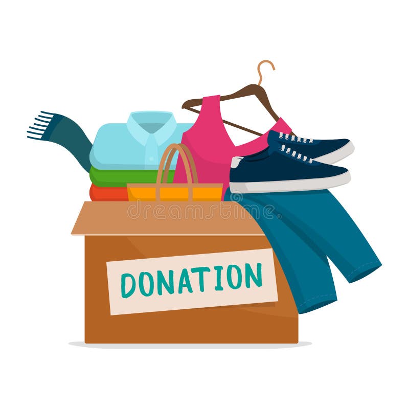 Donation box with assorted clothing and shoes on white background, solidarity and charity concept. Donation box with assorted clothing and shoes on white background, solidarity and charity concept