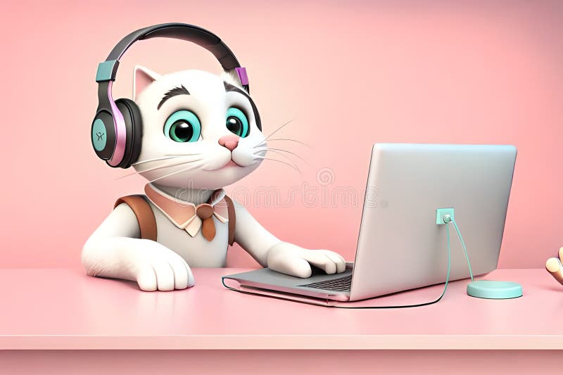 little kitty listen to the music. Funny cute cat in headphones sitting at the desk in front of laptop with paws on keyboard disney style 3d blue background. Digital Illustration Generated AI AI generated. little kitty listen to the music. Funny cute cat in headphones sitting at the desk in front of laptop with paws on keyboard disney style 3d blue background. Digital Illustration Generated AI AI generated