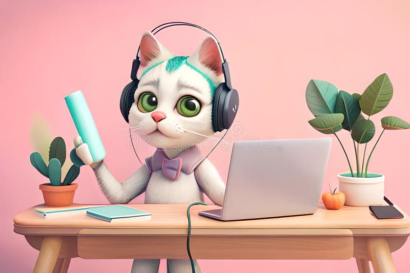 little kitty listen to the music. Funny cute cat in headphones sitting at the desk in front of laptop with paws on keyboard disney style 3d blue background. Digital Illustration Generated AI AI generated. little kitty listen to the music. Funny cute cat in headphones sitting at the desk in front of laptop with paws on keyboard disney style 3d blue background. Digital Illustration Generated AI AI generated