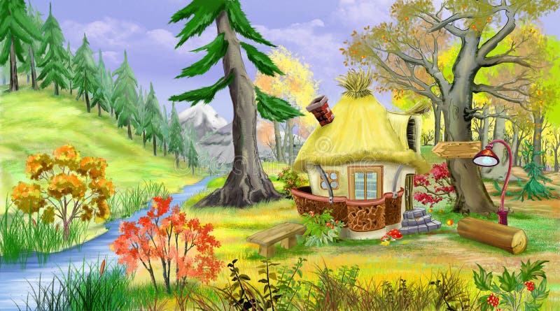 Klein Sprookjehuis dichtbij de Rivier in Autumn Forest stock illustratie Klein Sprookjehuis dichtbij de Rivier in Autumn Forest stock illustratie