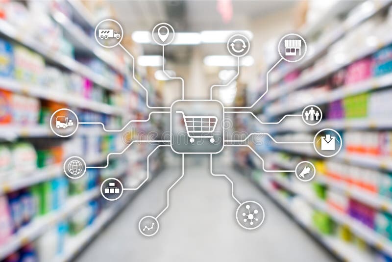Kleinabsatzkan?le E-Commerce-Einkaufsautomatisierungskonzept auf unscharfem Supermarkthintergrund