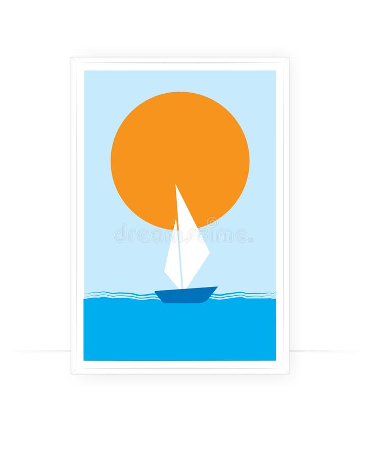 Kleine Bootssegeln im Seevektor. ein Schiff mit weißen Segeln gegen die blaue Seeillustration. Plakatentwurf im Rahmen stock abbildung