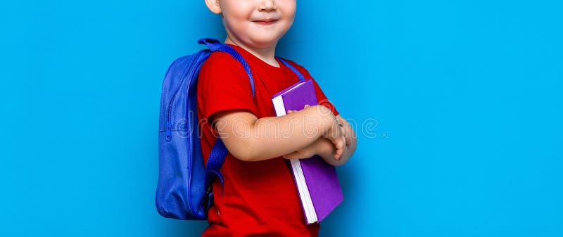 Kleine gelukkige glimlachende jongen met glazen op zijn hoofd, boek in handen, schooltas op zijn schouders Terug naar School Klaa stock fotografie Kleine gelukkige glimlachende jongen met glazen op zijn hoofd, boek in handen, schooltas op zijn schouders Terug naar School Klaa stock fotografie