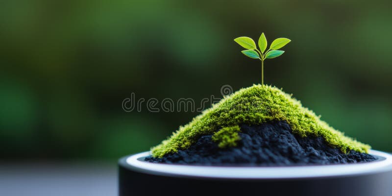 Kleine grüne Pflanze, die auf moosbedeckten Berg wächst, symbolisiert saubere Energie und Nachhaltigkeit stock abbildung