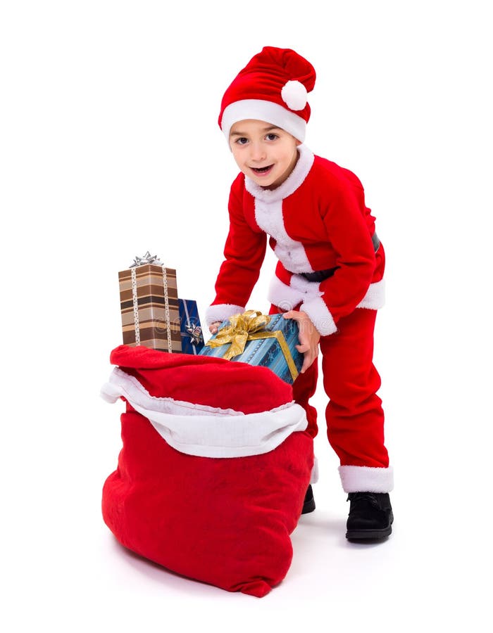 Kleine Kerstmanjongen met giftzak royalty-vrije stock afbeelding Kleine Kerstmanjongen met giftzak royalty-vrije stock afbeelding